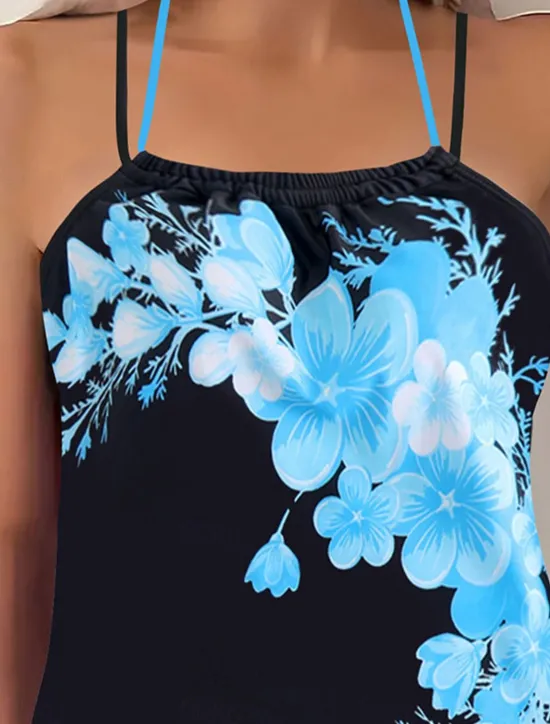 Outlet Women's Swimwear 2 Piece Boy Leg Swimsuit Backless High Waist Slim Vacation Beach Wear Graphic Halter Neck Sleeveless Bathing Suits Women Tankinis