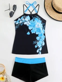 Outlet Women's Swimwear 2 Piece Boy Leg Swimsuit Backless High Waist Slim Vacation Beach Wear Graphic Halter Neck Sleeveless Bathing Suits Women Tankinis