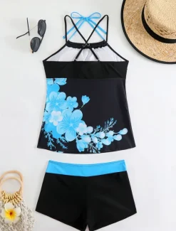Outlet Women's Swimwear 2 Piece Boy Leg Swimsuit Backless High Waist Slim Vacation Beach Wear Graphic Halter Neck Sleeveless Bathing Suits Women Tankinis