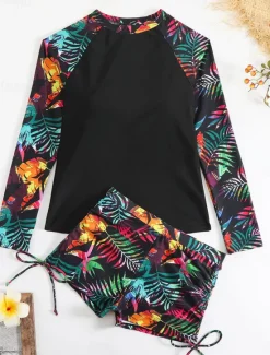 Women's Swimwear 2 Piece Boy Leg Swimsuit Drawstring Slim Vacation Beach Wear Graphic Round Neck Long Sleeve Bathing Suits Women Tankinis
