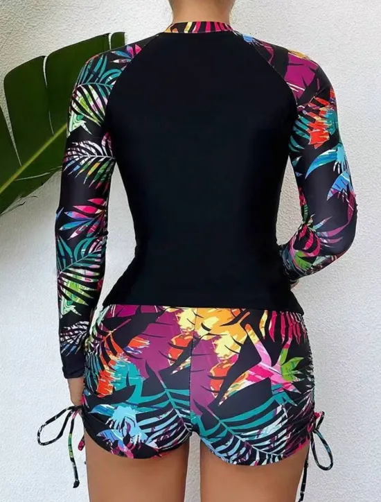 Women's Swimwear 2 Piece Boy Leg Swimsuit Drawstring Slim Vacation Beach Wear Graphic Round Neck Long Sleeve Bathing Suits Women Tankinis