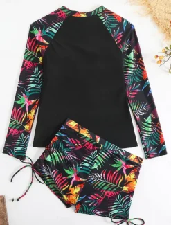 Women's Swimwear 2 Piece Boy Leg Swimsuit Drawstring Slim Vacation Beach Wear Graphic Round Neck Long Sleeve Bathing Suits Women Tankinis