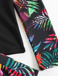 Women's Swimwear 2 Piece Boy Leg Swimsuit Drawstring Slim Vacation Beach Wear Graphic Round Neck Long Sleeve Bathing Suits Women Tankinis