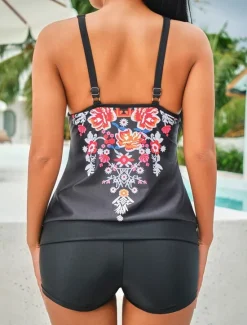Best Women's Swimwear 2 Piece Boy Leg Swimsuit Backless High Waist Slim Vacation Beach Wear Graphic V Neck Sleeveless Bathing Suits Women Tankinis