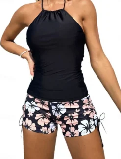 Outlet Women's Swimwear 2 Piece Boy Leg Swimsuit Backless Slim Vacation Beach Wear Floral Halter Neck Sleeveless Bathing Suits Women Tankinis