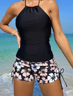 Outlet Women's Swimwear 2 Piece Boy Leg Swimsuit Backless Slim Vacation Beach Wear Floral Halter Neck Sleeveless Bathing Suits Women Tankinis