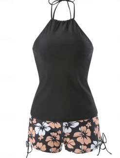 Outlet Women's Swimwear 2 Piece Boy Leg Swimsuit Backless Slim Vacation Beach Wear Floral Halter Neck Sleeveless Bathing Suits Women Tankinis