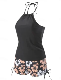 Outlet Women's Swimwear 2 Piece Boy Leg Swimsuit Backless Slim Vacation Beach Wear Floral Halter Neck Sleeveless Bathing Suits Women Tankinis
