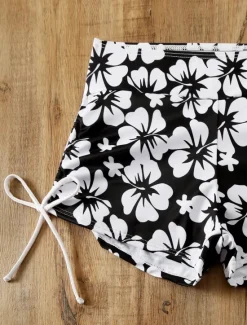 Outlet Women's Swimwear 2 Piece Boy Leg Swimsuit Backless Slim Vacation Beach Wear Floral Halter Neck Sleeveless Bathing Suits Women Tankinis