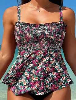 Hot Women's Swimwear 2 Piece Cheeky Swimsuit Backless Tummy Control High Waist Slim Vacation Beach Wear Floral U Neck Sleeveless Bathing Suits Women Tankinis