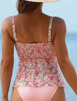 Hot Women's Swimwear 2 Piece Cheeky Swimsuit Backless Tummy Control High Waist Slim Vacation Beach Wear Floral U Neck Sleeveless Bathing Suits Women Tankinis