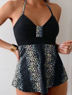 New Women's Swimwear 2 Piece Cheeky Swimsuit Backless Tummy Control High Waist Slim Vacation Beach Wear Leopard Halter Neck Sleeveless Bathing Suits Women Leopard Swimwear|Tankinis