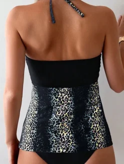 New Women's Swimwear 2 Piece Cheeky Swimsuit Backless Tummy Control High Waist Slim Vacation Beach Wear Leopard Halter Neck Sleeveless Bathing Suits Women Leopard Swimwear|Tankinis