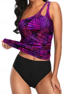 Sale Women's Swimwear 2 Piece Cheeky Swimsuit Backless Tummy Control Slim Vacation Beach Wear Graphic Asymmetric Neck Sleeveless Bathing Suits Women Tankinis