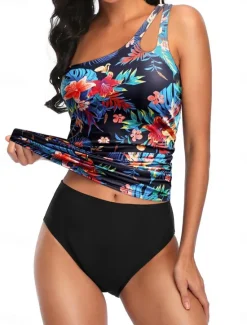 Sale Women's Swimwear 2 Piece Cheeky Swimsuit Backless Tummy Control Slim Vacation Beach Wear Graphic Asymmetric Neck Sleeveless Bathing Suits Women Tankinis