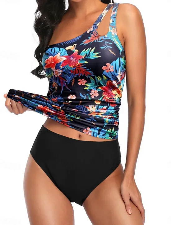 Sale Women's Swimwear 2 Piece Cheeky Swimsuit Backless Tummy Control Slim Vacation Beach Wear Graphic Asymmetric Neck Sleeveless Bathing Suits Women Tankinis