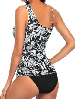 Sale Women's Swimwear 2 Piece Cheeky Swimsuit Backless Tummy Control Slim Vacation Beach Wear Graphic Asymmetric Neck Sleeveless Bathing Suits Women Tankinis