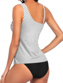 Sale Women's Swimwear 2 Piece Cheeky Swimsuit Backless Tummy Control Slim Vacation Beach Wear Graphic Asymmetric Neck Sleeveless Bathing Suits Women Tankinis