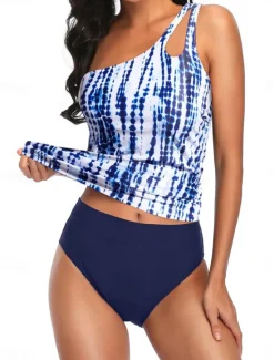 Sale Women's Swimwear 2 Piece Cheeky Swimsuit Backless Tummy Control Slim Vacation Beach Wear Graphic Asymmetric Neck Sleeveless Bathing Suits Women Tankinis