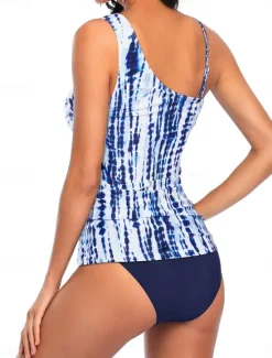 Sale Women's Swimwear 2 Piece Cheeky Swimsuit Backless Tummy Control Slim Vacation Beach Wear Graphic Asymmetric Neck Sleeveless Bathing Suits Women Tankinis