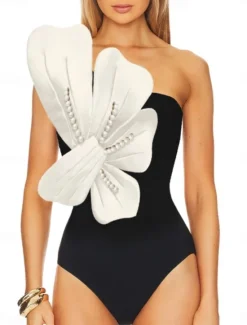 Sale Women's Swimwear 2 Piece Monokini Swimsuit Backless Tummy Control High Waist Slim Vacation Beach Wear Solid Color Asymmetric Neck Sleeveless Bathing Suits Women Swimdresses