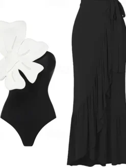 Sale Women's Swimwear 2 Piece Monokini Swimsuit Backless Tummy Control High Waist Slim Vacation Beach Wear Solid Color Asymmetric Neck Sleeveless Bathing Suits Women Swimdresses