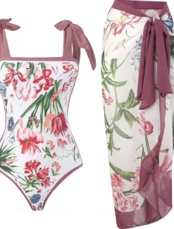 Best Women's Swimwear 2 Piece Monokini Skirt Swimsuit Backless Tummy Control High Waist Slim Vacation Beach Wear Floral Scoop Neck Sleeveless Bathing Suits Women One-Pieces|Spring Swimwear
