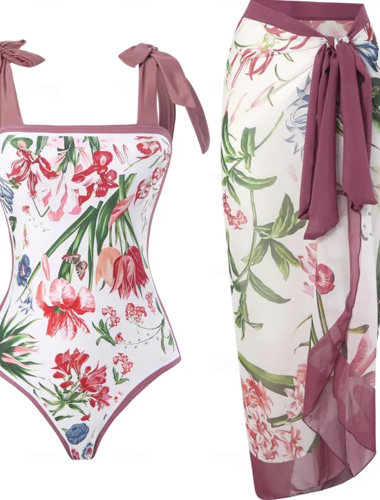 Best Women's Swimwear 2 Piece Monokini Skirt Swimsuit Backless Tummy Control High Waist Slim Vacation Beach Wear Floral Scoop Neck Sleeveless Bathing Suits Women One-Pieces|Spring Swimwear