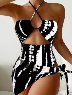 New Women's Swimwear 2 Piece Monokini Skirt Swimsuit Backless Tummy Control High Waist Slim Vacation Beach Wear Stripe Halter Neck Sleeveless Bathing Suits Women One-Pieces