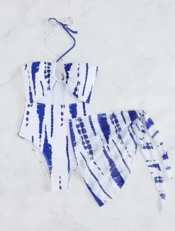 New Women's Swimwear 2 Piece Monokini Skirt Swimsuit Backless Tummy Control High Waist Slim Vacation Beach Wear Stripe Halter Neck Sleeveless Bathing Suits Women One-Pieces
