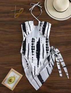 New Women's Swimwear 2 Piece Monokini Skirt Swimsuit Backless Tummy Control High Waist Slim Vacation Beach Wear Stripe Halter Neck Sleeveless Bathing Suits Women One-Pieces
