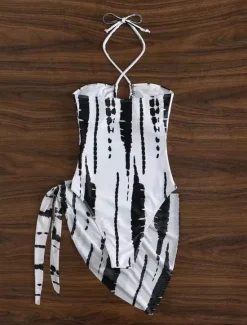 New Women's Swimwear 2 Piece Monokini Skirt Swimsuit Backless Tummy Control High Waist Slim Vacation Beach Wear Stripe Halter Neck Sleeveless Bathing Suits Women One-Pieces