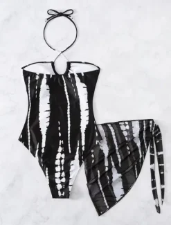 New Women's Swimwear 2 Piece Monokini Skirt Swimsuit Backless Tummy Control High Waist Slim Vacation Beach Wear Stripe Halter Neck Sleeveless Bathing Suits Women One-Pieces