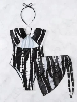 New Women's Swimwear 2 Piece Monokini Skirt Swimsuit Backless Tummy Control High Waist Slim Vacation Beach Wear Stripe Halter Neck Sleeveless Bathing Suits Women One-Pieces
