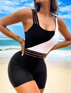Clearance Women's Swimwear 2 Piece Swimsuit Patchwork Tummy Control High Waist Slim Vacation Beach Wear Color Block U Neck Sleeveless Bathing Suits Women One-Pieces