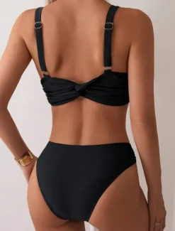 Online Women's Swimwear Bikini 2 Piece Swimsuit Backless Tummy Control High Waist Vacation Beach Wear Solid Color V Neck Sleeveless Bathing Suits Women Bikinis