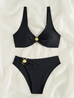 Online Women's Swimwear Bikini 2 Piece Swimsuit Backless Tummy Control High Waist Vacation Beach Wear Solid Color V Neck Sleeveless Bathing Suits Women Bikinis