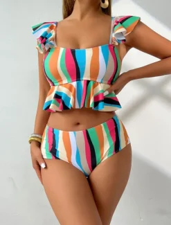 New Women's Swimwear Bikini 2 Piece Briefs Swimsuit Ruffle Backless High Waist Slim Vacation Beach Wear Stripe V Neck Sleeveless Bathing Suits Women Colorful Swimwear