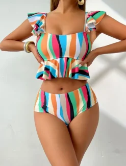 New Women's Swimwear Bikini 2 Piece Briefs Swimsuit Ruffle Backless High Waist Slim Vacation Beach Wear Stripe V Neck Sleeveless Bathing Suits Women Colorful Swimwear