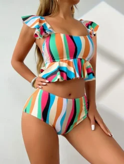 New Women's Swimwear Bikini 2 Piece Briefs Swimsuit Ruffle Backless High Waist Slim Vacation Beach Wear Stripe V Neck Sleeveless Bathing Suits Women Colorful Swimwear