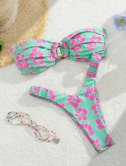 Hot Women's Swimwear Bikini 2 Piece Thong Swimsuit Backless Slim Vacation Beach Wear Floral Halter Neck Sleeveless Bathing Suits Women Bikinis