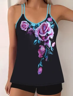 Clearance Women's Swimwear Bikini 2 Piece Boy Leg Swimsuit Backless Slim Vacation Beach Wear Floral U Neck Sleeveless Bathing Suits Women Tankinis|Bikinis