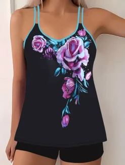 Clearance Women's Swimwear Bikini 2 Piece Boy Leg Swimsuit Backless Slim Vacation Beach Wear Floral U Neck Sleeveless Bathing Suits Women Tankinis|Bikinis