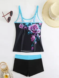 Clearance Women's Swimwear Bikini 2 Piece Boy Leg Swimsuit Backless Slim Vacation Beach Wear Floral U Neck Sleeveless Bathing Suits Women Tankinis|Bikinis