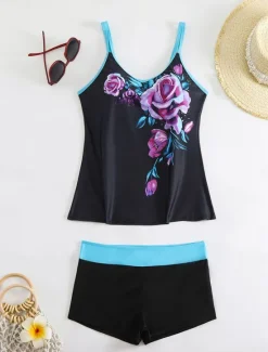 Clearance Women's Swimwear Bikini 2 Piece Boy Leg Swimsuit Backless Slim Vacation Beach Wear Floral U Neck Sleeveless Bathing Suits Women Tankinis|Bikinis