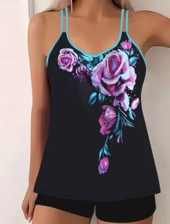Clearance Women's Swimwear Bikini 2 Piece Boy Leg Swimsuit Backless Slim Vacation Beach Wear Floral U Neck Sleeveless Bathing Suits Women Tankinis|Bikinis