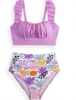 Sale Women's Swimwear Bikini 2 Piece Briefs Swimsuit Ruffle Backless Slim High Waisted Vacation Beach Wear Floral Round Neck Sleeveless Bathing Suits Women Bikinis
