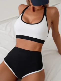 New Women's Swimwear Bikini 2 Piece Briefs Swimsuit Backless Slim High Waisted Vacation Beach Wear Solid Color U Neck Sleeveless Bathing Suits Women Bikinis