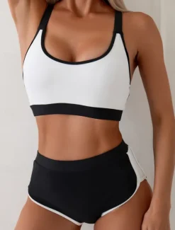 New Women's Swimwear Bikini 2 Piece Briefs Swimsuit Backless Slim High Waisted Vacation Beach Wear Solid Color U Neck Sleeveless Bathing Suits Women Bikinis