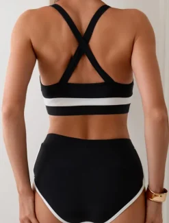New Women's Swimwear Bikini 2 Piece Briefs Swimsuit Backless Slim High Waisted Vacation Beach Wear Solid Color U Neck Sleeveless Bathing Suits Women Bikinis
